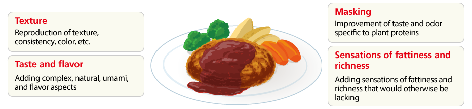 Texture: Reproduction of texture, consistency, color, etc. Taste and flavor: Adding complex, natural, umami, and flavor aspects Masking: Improvement of taste and odor specific to plant proteins Sensations of fattiness and richness: Adding sensations of fattiness and richness that would otherwise be lacking